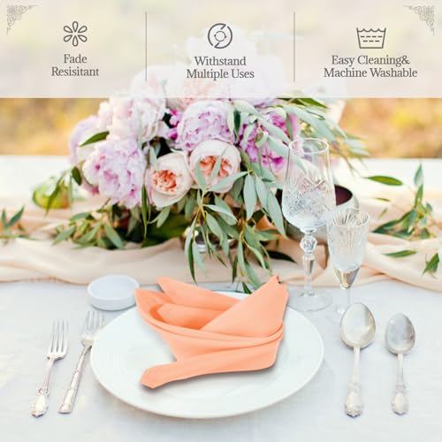 PLOYMONO Peach Heavy Duty Cloth Napkins - 17 x 17 Inch Solid Washable Polyester Dinner Napkins - Set of 8 Napkins with Hemmed Edges - Great for Weddings, Parties, Banquets Dinner & More - color: Peach