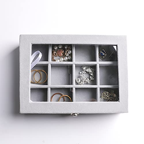 Frebeauty Jewelry Organizer Tray with Clear Lid, 12 Grid Velvet Drawer Insert Storage Box with Transparent Lid Display Case Gift for Women (Grey, 12 Grid) - color: Grey, size: 12 Grid