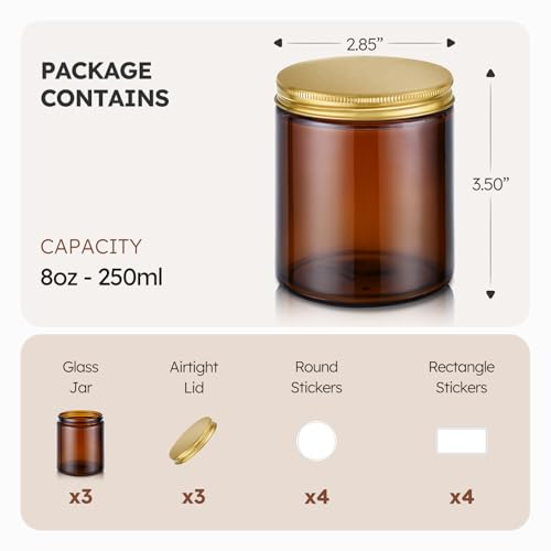 Tecohouse 8oz Amber Glass Jars with Gold Metal Lids, 3 Pack Candle Jars with Blank Labels, 250g Wide Mouth | Lotion Container for Sample, Cream, Lotion, Honey, Powder, Jelly | Home & Beauty - color: Amber-Gold Lids