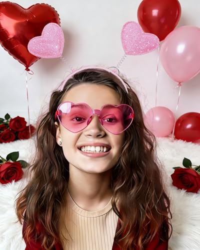 24 Piece Valentine's Day Heart Headbands and Sunglasses Set for Women and Men, Party Photo Props for Wedding, Birthday (Pink, Rose red, Red) - color: Pink, Rose Red, Red