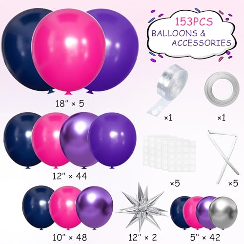 MEBAY Hot Pink Purple and Nave Blue Baloon Garland Arch Kit, 141Pcs Latex Balloons Different Sizes 18 12 10 5 inch for Graduation Birthday Wedding Engagement Party Decorations - color: Navy Blue-purple-hot Pink