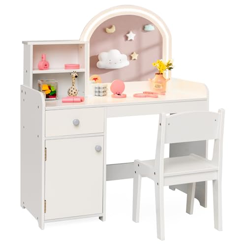 Costzon Kids Vanity with Lights, 2 in 1 Princess Makeup Desk & Chair Set with Lighted Mirror, Drawer, Storage Shelves & Cabinet, Toddler Dressing Table, Vanity Set for Little Girls, White - style: White with Cabinet