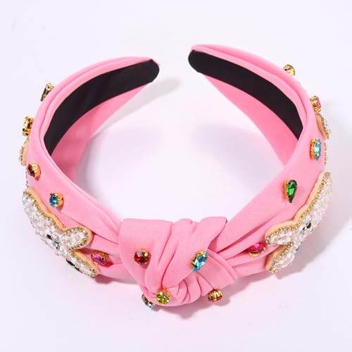 NVENF Easter Headbands for Women Beaded Easter Rabbit Bunny Headband White Pink Crystal Pearl Knotted Hairband Happy Accessories Spring Holiday Headwear Outfits Gifts (Bunny B - Pink) - color: Bunny B - Pink