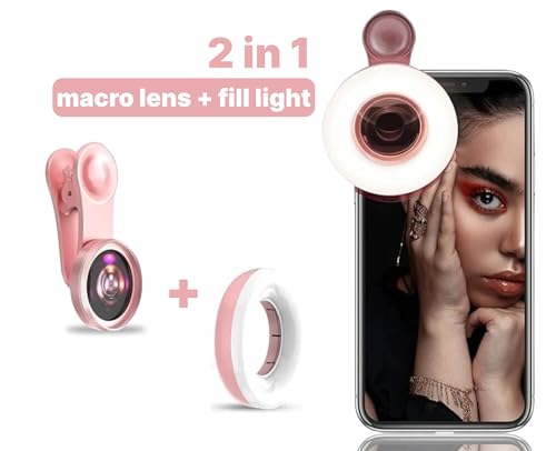 Portable Phone Camera Lens Accessories for Macro Shooting - Wide Angle Pink Macro Lens for iPhone - Camera Attachment for Cell Phone for Girls with Dimming Ring Light and Сonvenient Clip-on
