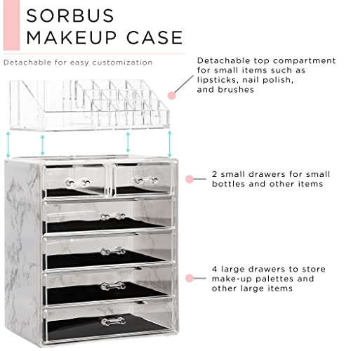 Sorbus Acrylic Makeup Organizer Set, 6-Drawer Vanity & Countertop Cosmetic Storage with Small & Wide Compartments, Marble Print Makeup Storage for Brushes, Jewelry – Holiday Gift for Women & Teens - color: Marble Print, size: 4 Large, 2 Small Drawers