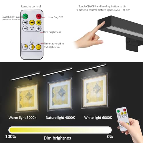 MIOBLUE Cordless Picture Lights with Remote, 16in Metal Battery Operated Picture Light,Rechargeable Display Lamp with 3 Lighting Modes, Dimmable Dartboard Light with Timer for Frame Wall Portrait Art - color: Black, size: 16inch