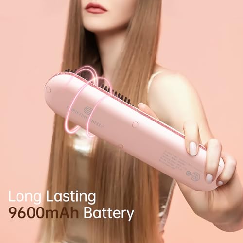 Hair Straightener Brush, Portable Cordless Mini Straightening Brush for Travel, 300M Negative Ions for Frizz-Free Shine, Fast Heating,Hot Comb Hair Straightener with 9 Temps for Women - color: C-pink With Pink