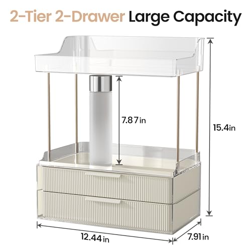 Delamu Bathroom Organizers and Storage, 2 Tier 2 Drawer Makeup Organizer Countertop, Easy to Install, Ideal for Bathroom Counter, Vanity, Ideal for Women Girls, Cream White - color: Cream White, size: 2Drawers 1 Pack