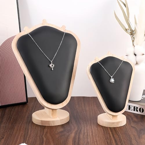 Natural Body Wood Necklace Display Stand with Black Leather Soft Mat Necklace Holder Organizer Desktop Stand for Home Store Dresser-4.45"x8.4"x12" - color: Natural-Black, size: 4.45"x8.4"x12"