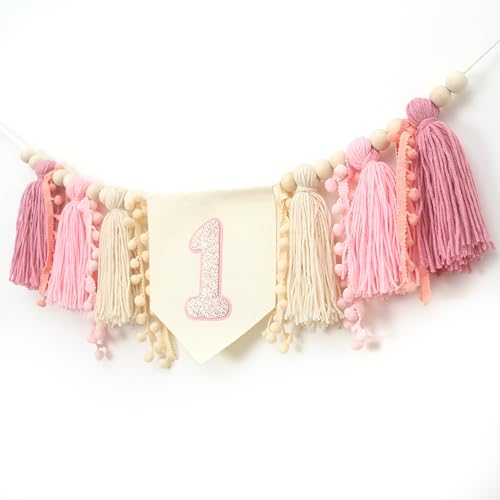 Girls 1st Birthday Tassels High Chair Banner -1st Birthday Decorations for a Girl,Boho First High Chair Banner,Rose Gold Cake Smash Photo Prop
