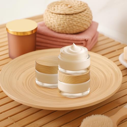 Bumobum 48 Pcs 5 Grams Glass Cosmetic Jars with Plastic Wood-Grain Lids, 5 ml Lip Balm Containers Empty Tiny Sample Jars for Lip Scrub Makeup Eye Cream Travel - color: 5g-48pack