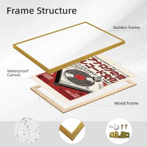 Framed Retro Vinyl Record Player Poster Canvas Print Vintage Funky Wall Art Whimsical Wall Decor for Living Room Home Decor Pictures Poster Painting for Bedroom Apartment (12L x16W,Gold Framed) - size: 12L"x16W"