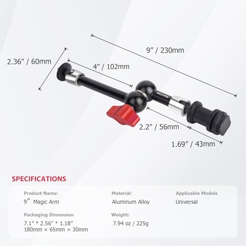 9" Cold Shoe Magic Arm with 360° Ball Joint, Extended Stainless Steel Friction Arm for Camera Cage Rig, LED Panel, Monitor Mount – Vlog Studio Photography-87002 - size: 9" Magic Arm