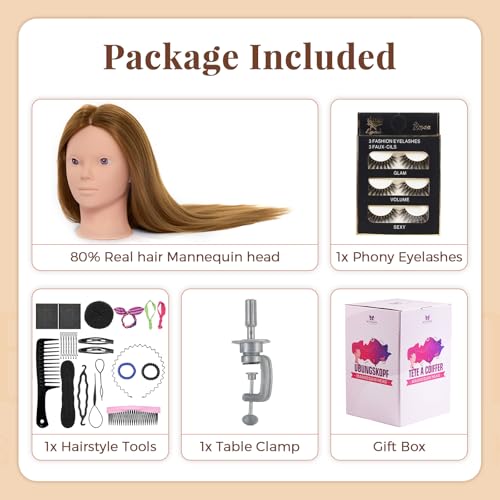 Mannequin Head 80% Human Hair with Tripod Stand,28 Inch Make up Cosmetology Manikin Practice Doll Head,Braiding Hairdressing Head with Table Clamp + DIY Hair Styling Set - color: Blonde#27