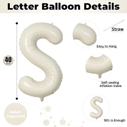 Giant Alphabet S Foil Balloons, Nude Cream White Custom Mylar Letters Balloon Birthday Decor, 40 Inch Helium Self Inflating Beige S Name Balloons Letter for Girls Baby Shower Party Decoration Supplies - color: Cream, size: Letter S