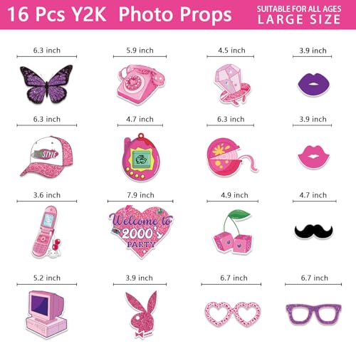 Y2K & 2000s Party Decorations Photo Booth Props Kit, Pink & Purple, Cardboard & Bamboo, 16 Themed Props, Y2K & 2000s Birthday Party Favors & Supplies