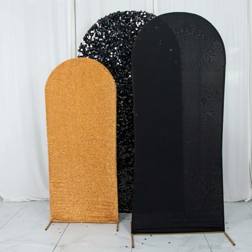 Efavormart Set of 3 Black Gold Chiara Arch Backdrop Covers (7ft/6ft/5ft), Round Top Snug Fit, Double-Sided Big Sequin, Tinsel & Spandex Mixed Texture for Anniversary, Gala, Events - color: Black/Gold