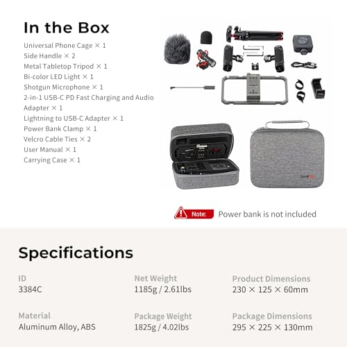 SmallRig Universal Phone Video Rig Kit for iPhone, Smartphone and Cameras, Phone Stabilizer Rig w/Tripod Microphone LED Light Side Handle Power Bank Holderm, for Vlogging & Live Streaming