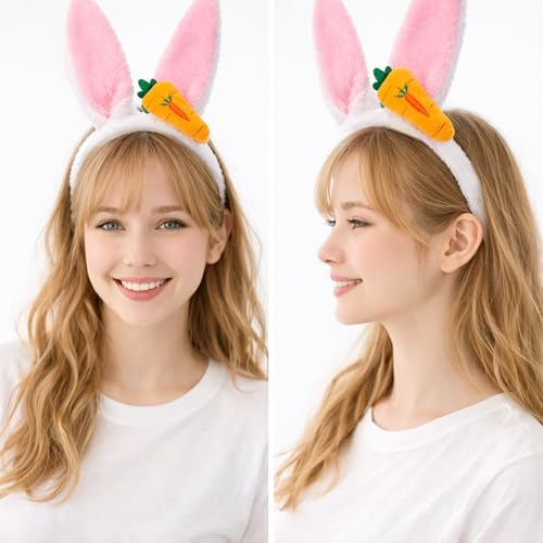 Bunny Ears Headband, 5.1 x 11 in White Fluffy Plush Bunny Ear Headband with Carrot Accent for Cosplay Costumes Easter Bunny Ears Dress Up Photo Props, Soft Rabbit Ears Easter Headbands Adult