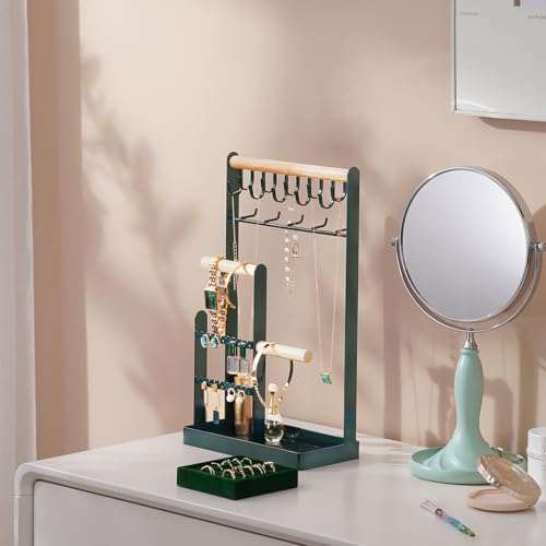 ProCase Jewelry Stand Holder Organizer, 5-Tier Necklace Holder with Ring Tray, 15 Hooks Necklaces Hanging Small Jewelry Display Storage Tower Tree for Bracelets Earrings Watches -Large, Green - color: Green, size: 13.4" Height