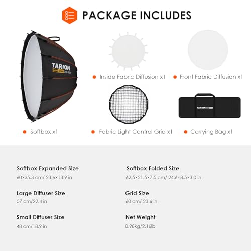 TARION Quick Release Parabolic Softbox - Bowens Mount Softbox with Diffusers/Honeycomb Grid/Carrying Bag for Live Streaming, Photography, Videography (Parabolic 23.5"/60cm) - style: Parabolic 23.5"/60cm