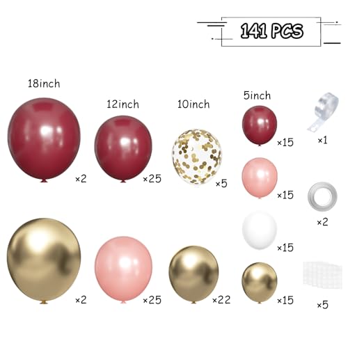 MEBAY Burgundy Balloon Arch Kit, 141 Pcs Maroon Metallic Chrome Gold Rose Gold and White Latex Balloons Different Sizes 18 12 10 5 Inch for Birthday Wedding Anniversary Bridal Bachelorette Wine Party - color: 141-burgundy
