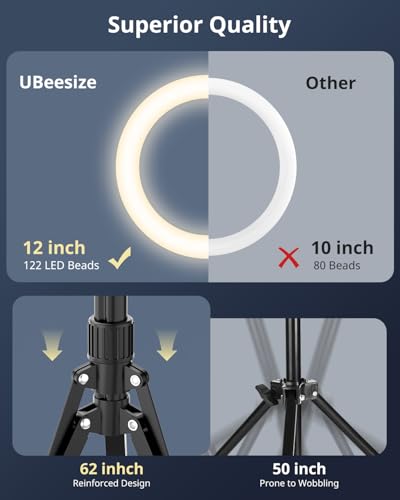 UBeesize 12" Ring Light with Overhead Phone Mount, Selfie Light with Stand,62" Tripod for iPhone with Light and Phone Holder for Video Recording,Cooking,Photography,Live Streaming,Tiktok,YouTube - size: 12in-Tripod