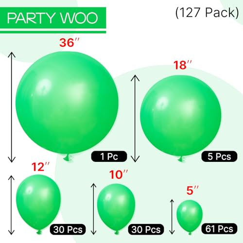 PartyWoo Green Balloons 100 pcs Different Sizes of 36 18 12 10 5 Inch Green Balloon Arch Kit Garland for Birthday Baby Shower Graduation Dinosaur Jungle Golf Football Theme Party Decorations Green-Y24 - color: Green-y24, size: 127PCS