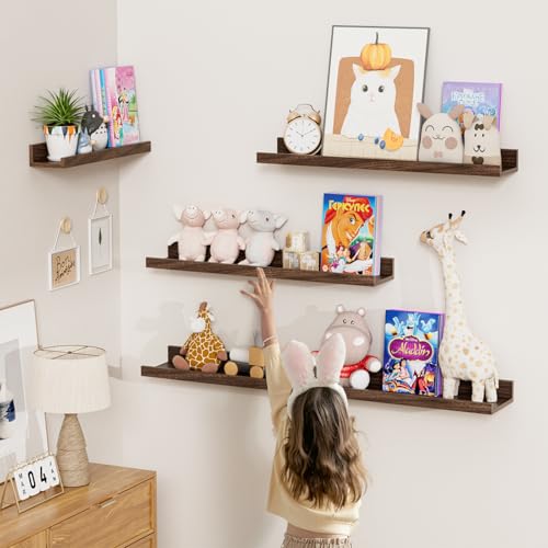 Heimlove Picture Ledge Shelf,24 inch Long Floating Shelves for Wall Set of 4,Picture Shelf with Lip for Wall Decor,Living Room,Bedroom,Bookshelf,Nursery,Perfume,Walnut Color - color: Walnut, size: 24'', Set of 4