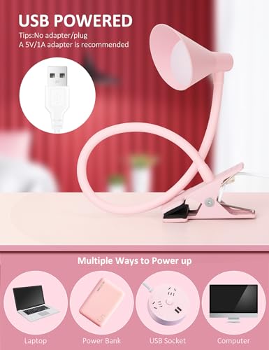 LiFMIRA Pink Small Desk Lamp Clip on LED Reading Light for Bed, 3 Color Modes 10 Dimmable Brightness, Book in Bed Headboard, Flexible Neck Clamp BL08 - color: Pink