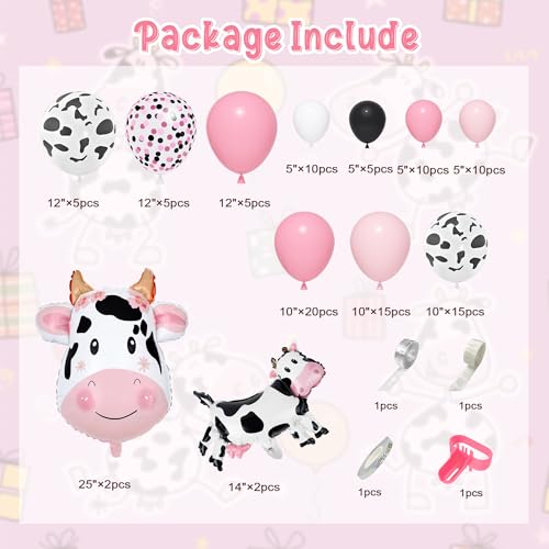 Amandir 115PCS Pink Cow Party Decorations - Balloon Garland Arch Kit with Cow Print Balloons, Happy Birthday Banner, Cake Topper for Girl Baby Shower, Farm Animals Themed Birthday Party Supplies