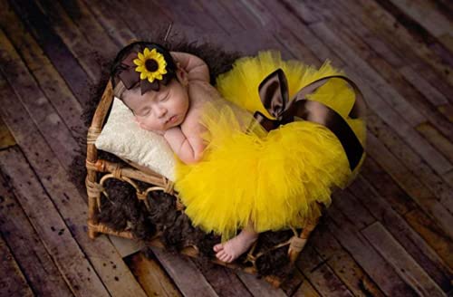 Baby Photography Props Boy Girl Photo Shoot Outfits Newborn Lovely Costume Tutu Dress Flower Headband - color: Yellow