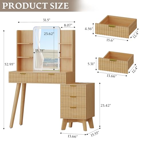 Vanity Desk With HD Lighted Mirror and Lights, Fluted Small Makeup Vanity with Storage Drawers & Shelves, Modern Dressing Table Set with Power Outlet & Glass Table Top for Women Girls Bedroom, Oak - color: Oak, size: 5 Drawers