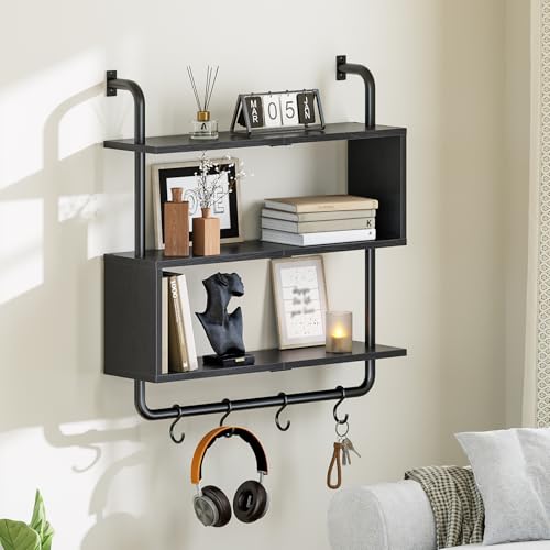 HOOBRO Floating Shelves with LED Lights, 29.5" LED Wall Mounted Gaming Shelf, 3-Tier Pipe Display Rack with Hanging Rod and 4 S-Hooks, for Storage Livingroom, Bedroom, Kitchen, Black BB21DBJ01 - color: Black