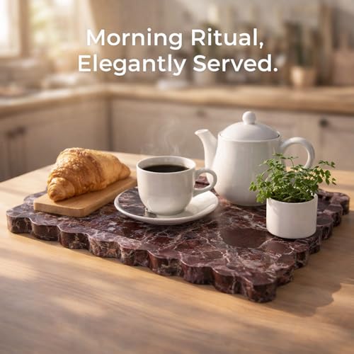14" x 10" Large Genuine Rosso Levanto Scalloped Marble Tray, Pre-Sealed for Stain & Water Resistance, Luxury Decorative Trays for Vanity, Bathroom, Dresser, Coffee Table, Home Decor - color: Rosso Levanto