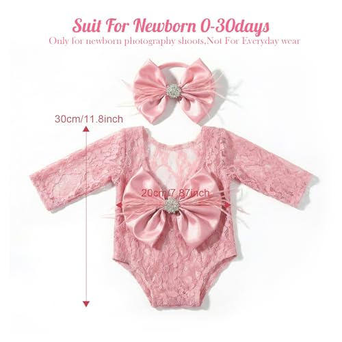 ForBaysy Newborn Photography Props Girls Outfit Feather Bow Lace Romper Newborn Dress - color: Dustpink