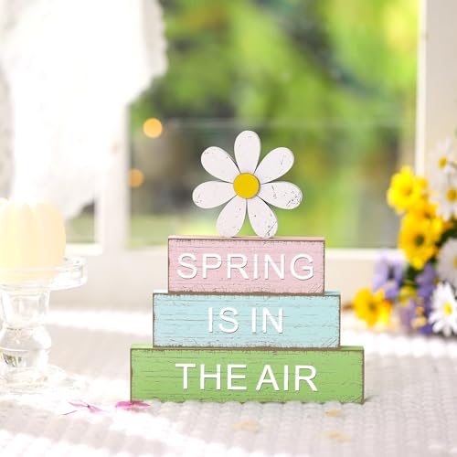 GlikCeil 4 Pcs Spring Table Decoration Daisy Wooden Block Sign Daisy Spring Table Decor Centerpieces Farmhouse Rustic Tiered Tray Tabletop Decor for Home Office Desk Kitchen Shelf Decors - style: Daisy