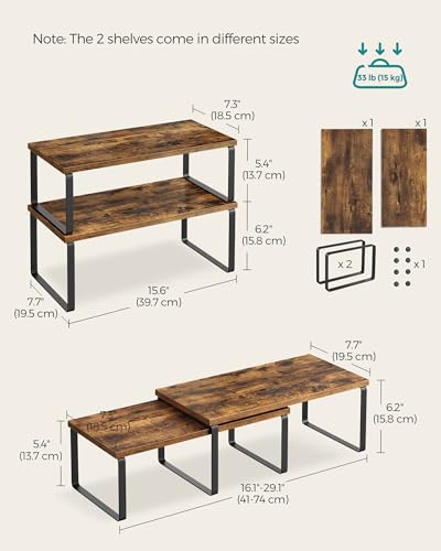 SONGMICS Cabinet Organizer Shelf, Set of 2 Kitchen Counter Shelves, Kitchen Storage, Spice Rack, Stackable, Expandable, Metal and Engineered Wood, Ink Black and Rustic Brown UKCS200X01 - color: Ink Black + Rustic Brown, size: 15.6"W