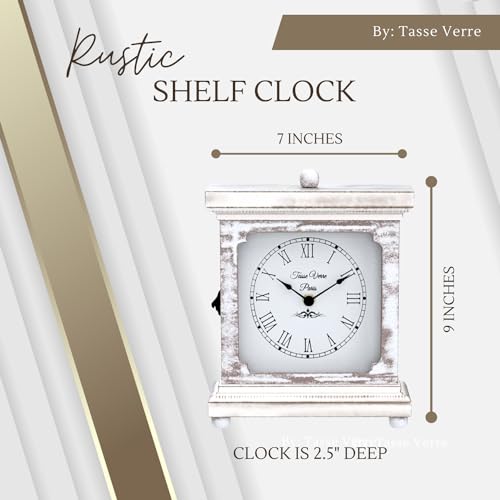 Tasse Verre Rustic Shelf Clock (Quiet) for Living Room Mantel, Table, Or Desk 9" X 7" Farmhouse Decor Distressed White Washed Wood Silent - Office Fireplace. AA Battery Operated Non-Digital, Tan - color: Tan