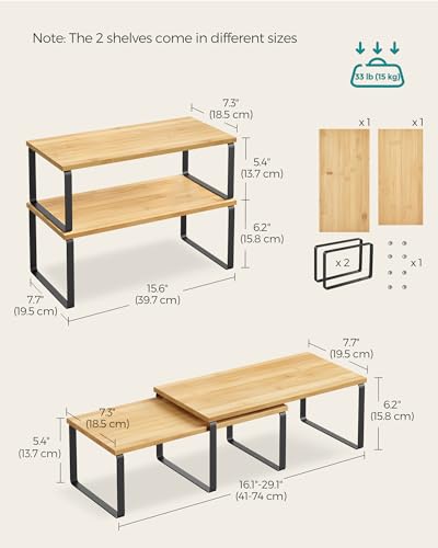 SONGMICS Cabinet Organizer Shelf, Set of 2 Kitchen Counter Shelves, Kitchen Storage, Spice Rack, Stackable, Expandable, Metal and Engineered Wood, Ink Black and Natural Beige UKCS200B01 - color: Ink Black + Natural Beige, size: 15.6"W