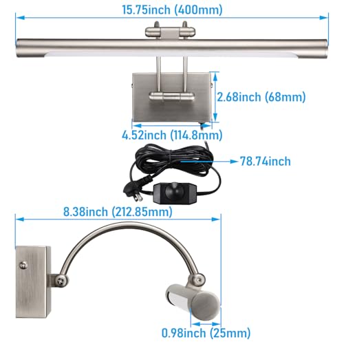 LEONLITE 3CCT Dimmable LED Picture Light, 2700K/3000K/4000K Selectable, CRI90 Swivel Full Metal Picture Frame Light for Wall Art, Painting, Artwork, Portrait, Plug-in & Hardwired, Satin Nickel - color: Satin Nickel-CCT