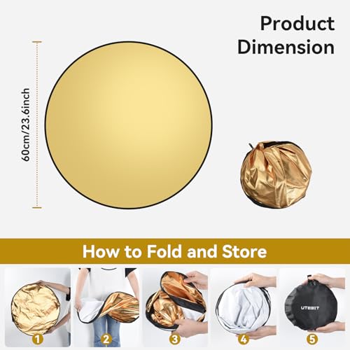 UTEBIT 24"/60cm Reflector Photography, Collapsible Light Reflector with Clamp & Bag, 5-in-1 Photography Reflector Translucent/Silver/Gold/White/Black with 3/8" Thread for Studio Outdoor Lighting - size: 24 Inch