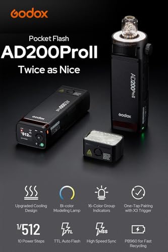 Godox AD200Pro II 200ws TTL Pocket Flash, Multi-Head System, Improved Heat Dissipation, 0.01-1.8s Recycling 1/512-1/1 Output 500 Full Power Flashes, Bi-Color Modeling Light, Color Screen & Indicator