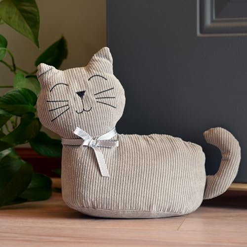 Kitty Cat Door Stops, Set of 2, Bow Collars, Grey and Brown Corduroy Fabric, Weighted, 11.75 Inches - color: Kitty Cats, Grey and Brown