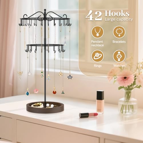 MODOWEY Rotating Necklace Holder Stand Organizer, 2 Tier Adjustable Extra Tall Metal Display Tree with Wooden Tray, 42 Hooks Pendant Hanger for Women Men, Stylish and Secure Jewelry Rack, Black - color: Dark Brown, size: 2 Tier