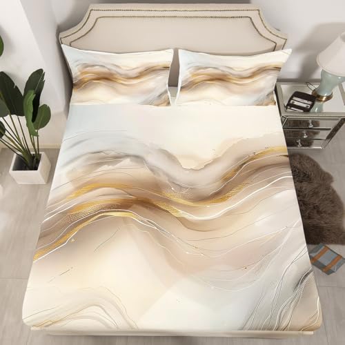 Erosebridal Watercolor Marble Fitted Sheet for Boys Girls Kids Beige Gold Metallic Marble Full Bed Sheets,Luxury Marbled Texture Sheets Minimalist Wind Marbling Bedding Sets, No Top Sheet - color: Beige, size: Full(No Top Sheet)