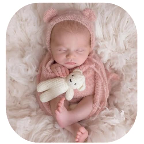 Newborn Photography Props Handmade Bear Hat Wrap Set for Baby Boys Girls Photoshoot Knitted Bonnet Blanket Photo - color: Dusty Pink