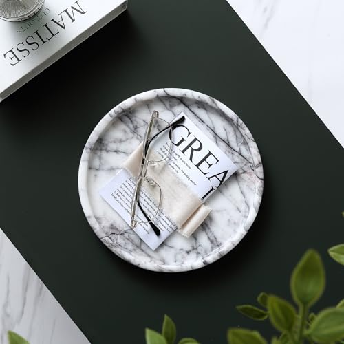 Lilac Marble Round Tray - 8 Inch Bathroom & Vanity Organizer for Jewelry, Perfume, Watches, Coasters | Makeup, Dining Table, Coffee Table Decorative Holder - color: White