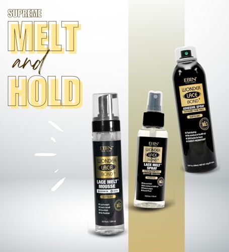 EBIN NEW YORK Wonder Lace Bond Melt Mousse 8.5 oz Bundle with Melting Spray 3.39 oz and Adhesive Spray 6.08oz Firm Hold Lace Wig Sprays, Seamless Wig Application – Gift Set (3 Items)