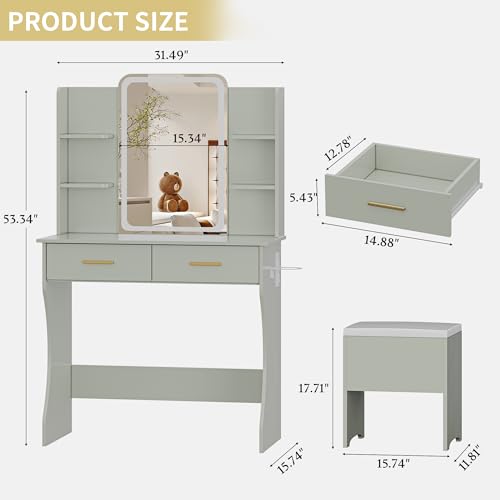 Vanity Desk with LED Lights Mirror & Power Outlet, Small Makeup Vanity Table Set with Storage Drawers & Chair, 3 Lighting Modes & Adjustable Brightness, Dressing Table for Women Girls Bedroom, Green - color: Green, size: 2 Drawers